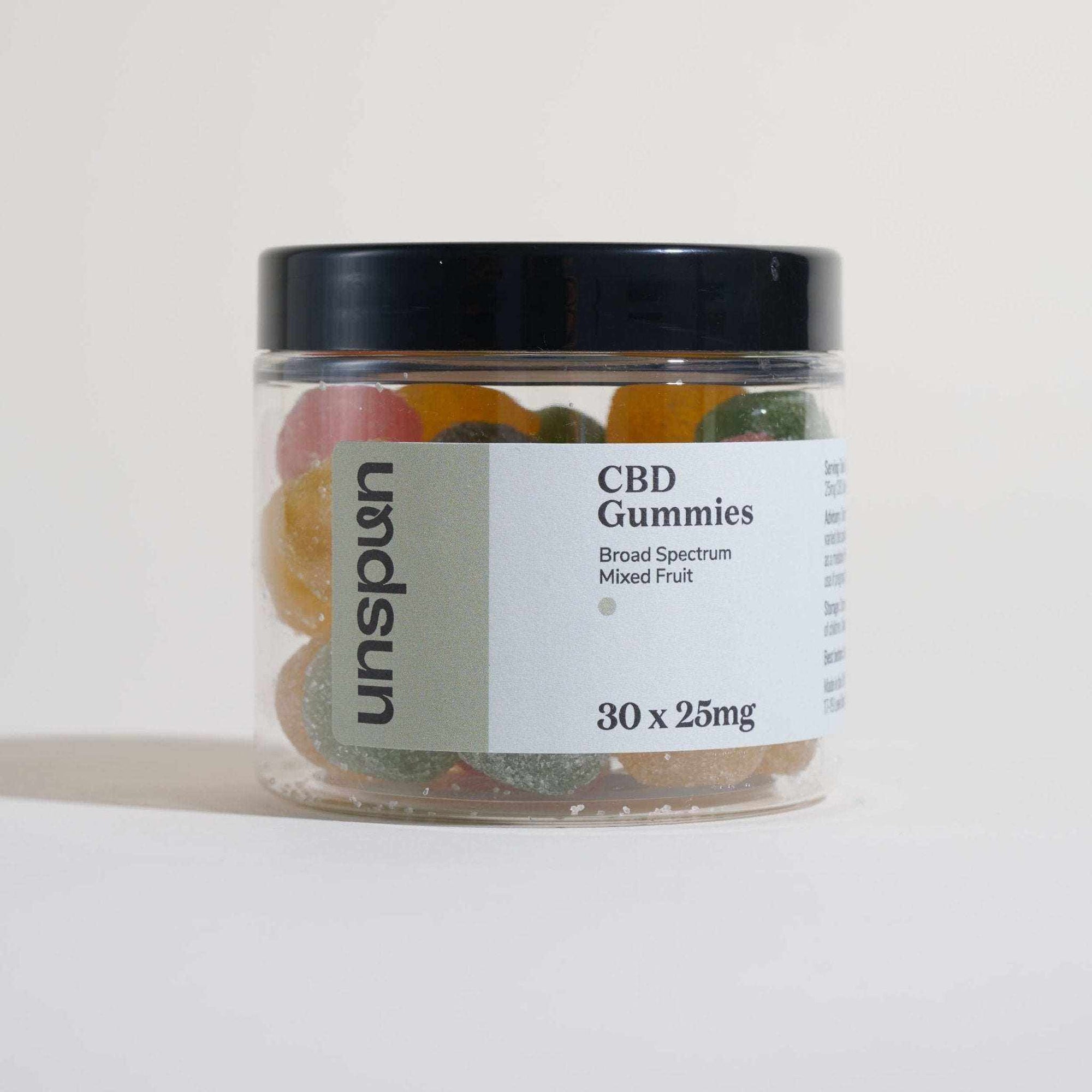 Unspun Broad Spectrum CBD Gummies centred in packaging 